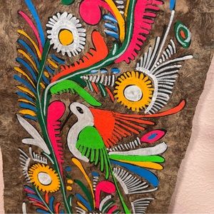 Vintage 60 70 Retro Mod Neon Painted Tribal Bird Flower Bark Wall Art Painting
